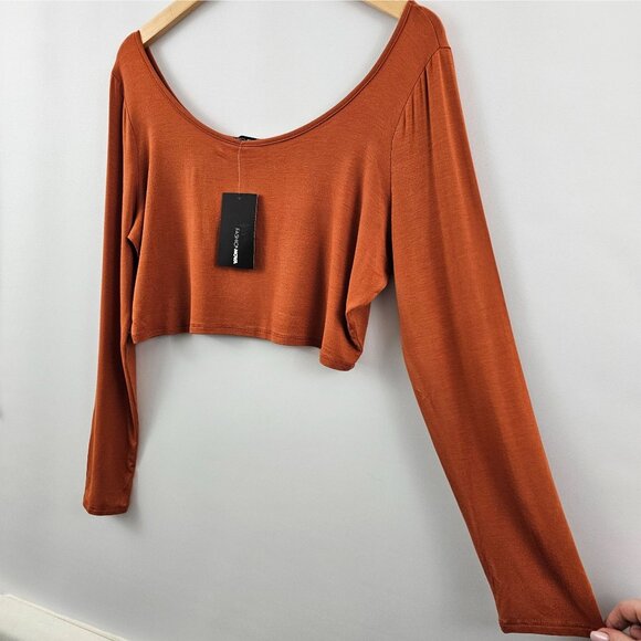 Fashion Nova Crop Top Rust Orange Long Sleeve Womens 2X Stretch Fall Scoop Neck - Picture 6 of 10